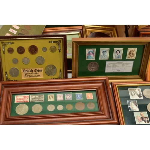 156 - TWO BOXES OF COIN AND STAMP RELATED ITEMS to include framed early Victorian postage stamps, and coin... 