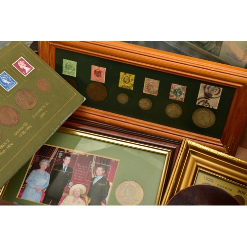 156 - TWO BOXES OF COIN AND STAMP RELATED ITEMS to include framed early Victorian postage stamps, and coin... 