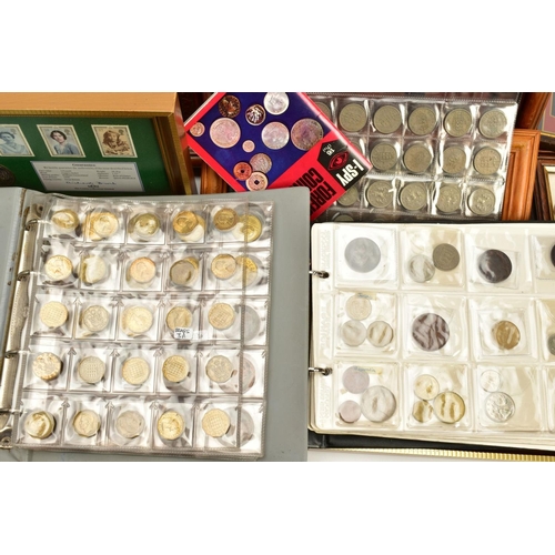 156 - TWO BOXES OF COIN AND STAMP RELATED ITEMS to include framed early Victorian postage stamps, and coin... 