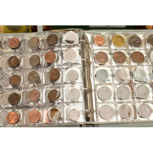 156 - TWO BOXES OF COIN AND STAMP RELATED ITEMS to include framed early Victorian postage stamps, and coin... 