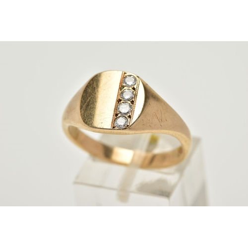 24 - A 9CT GOLD GENTLEMANS DIAMOND SIGNET RING, the plain polished square design set with a row of round ... 