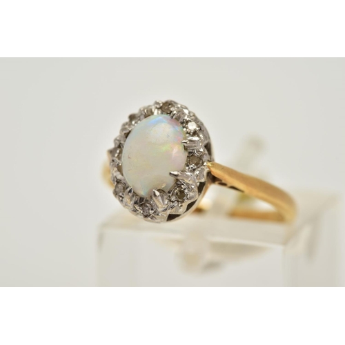 25 - AN 18CT GOLD OPAL AND DIAMOND CLUSTER RING, designed with an oval opal cabochon, single cut diamond ... 