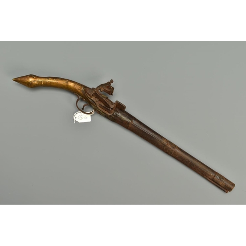 256 - AN ANTIQUE 23 BORE ALBANIAN 'RAT-TAIL' MIQUELET PISTOL fitted with an approximately 12 3/4'' barrel,... 