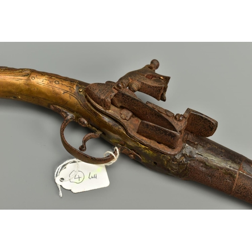 256 - AN ANTIQUE 23 BORE ALBANIAN 'RAT-TAIL' MIQUELET PISTOL fitted with an approximately 12 3/4'' barrel,... 