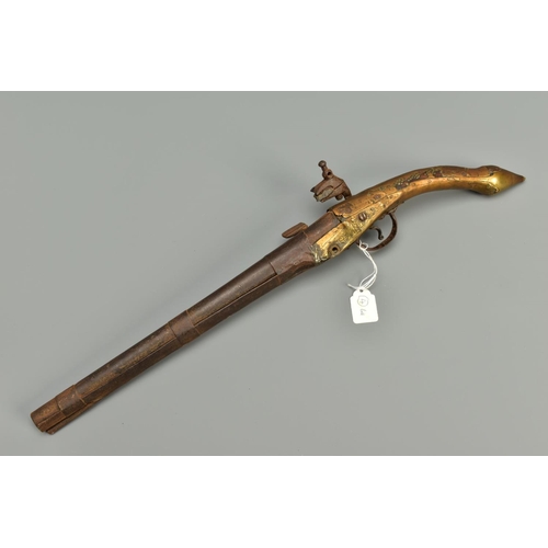 256 - AN ANTIQUE 23 BORE ALBANIAN 'RAT-TAIL' MIQUELET PISTOL fitted with an approximately 12 3/4'' barrel,... 