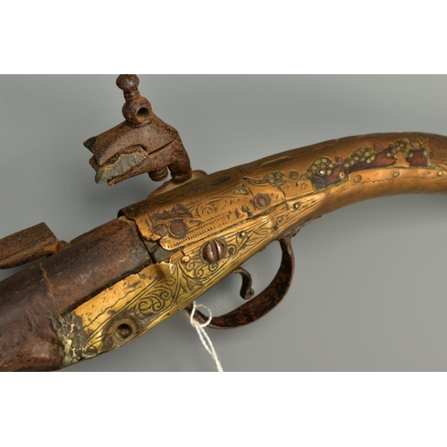 256 - AN ANTIQUE 23 BORE ALBANIAN 'RAT-TAIL' MIQUELET PISTOL fitted with an approximately 12 3/4'' barrel,... 