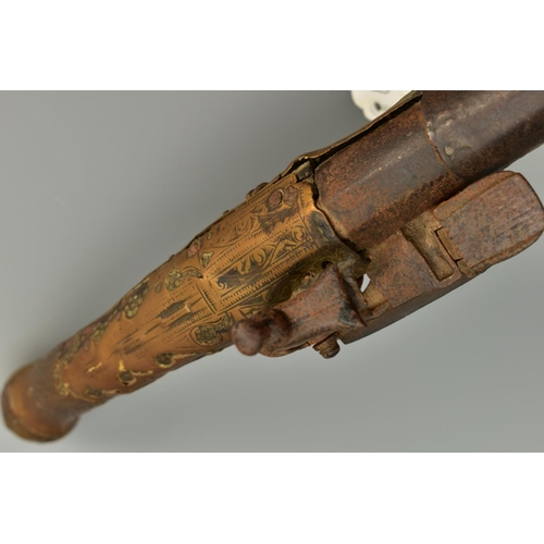 256 - AN ANTIQUE 23 BORE ALBANIAN 'RAT-TAIL' MIQUELET PISTOL fitted with an approximately 12 3/4'' barrel,... 