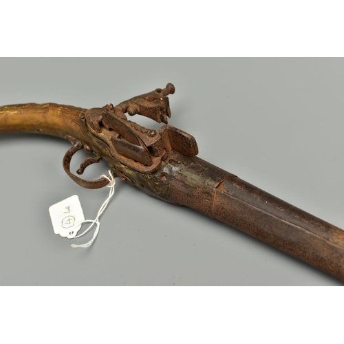 256 - AN ANTIQUE 23 BORE ALBANIAN 'RAT-TAIL' MIQUELET PISTOL fitted with an approximately 12 3/4'' barrel,... 