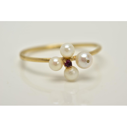 26 - A 9CT GOLD RUBY AND PEARL RING, set with a central circular cut ruby within a four cultured pearl su... 