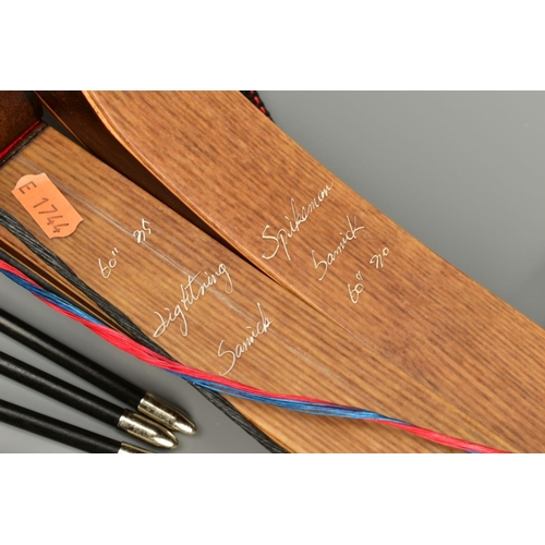 265 - A SAMICK SPIKEMAN 60'' TAKE DOWN BOW WITH DRAW STRING, together with a Samick Lightening 60'' take d... 