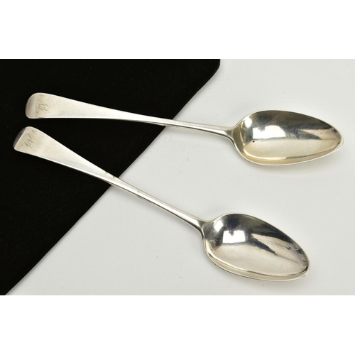 27 - A PAIR OF PROVINCIAL SCOTTISH SILVER TABLESPOONS, plain polished spoons with engraved initials to th... 