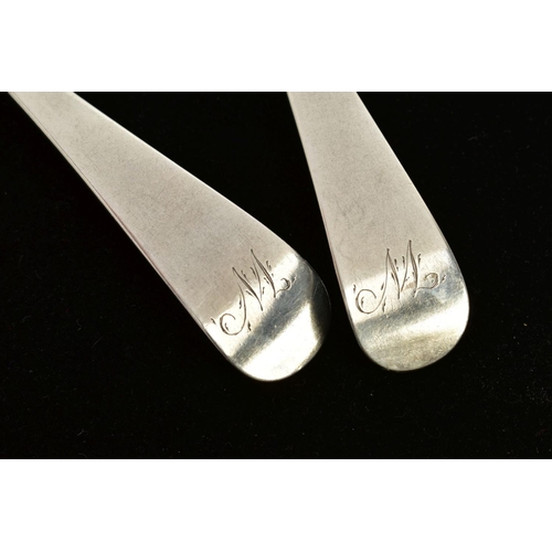 27 - A PAIR OF PROVINCIAL SCOTTISH SILVER TABLESPOONS, plain polished spoons with engraved initials to th... 