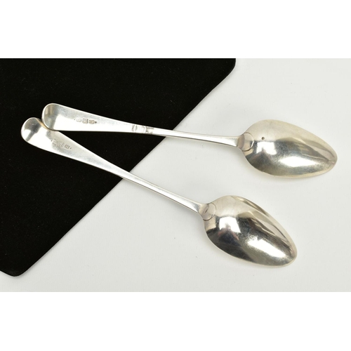 27 - A PAIR OF PROVINCIAL SCOTTISH SILVER TABLESPOONS, plain polished spoons with engraved initials to th... 