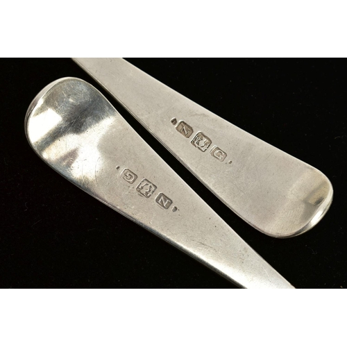 27 - A PAIR OF PROVINCIAL SCOTTISH SILVER TABLESPOONS, plain polished spoons with engraved initials to th... 