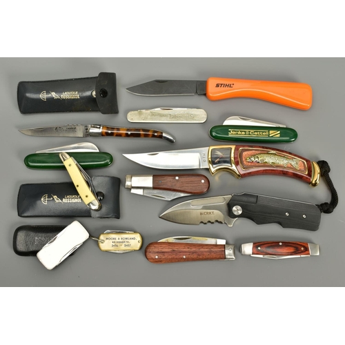 274 - A NUMBER OF SMALL FOLDING PEN KNIVES comprising of two x Laguiole Russignoi, Stihl, GKN,  Moore & Ri... 