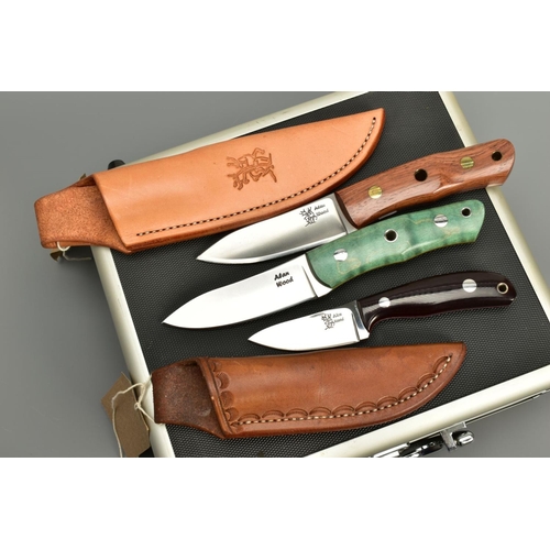 278 - THREE SHEATH KNIVES by Alan Wood, two with holsters, Alan Wood is an English custom knife maker know... 