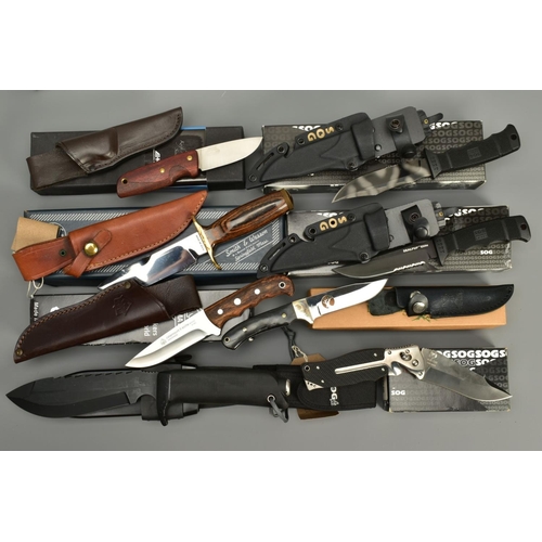 284 - A COLLECTION OF BOXED KNIVES except for the last item in the list, consisting of SOG Seal Pup Elite ... 