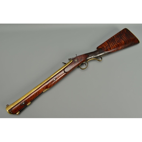 293 - A FLINTLOCK BLUNDERBUSS, fitted with a flared muzzle 16 inches brass barrel, the top of the barrel b... 