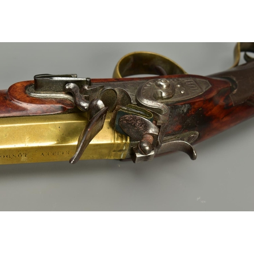 293 - A FLINTLOCK BLUNDERBUSS, fitted with a flared muzzle 16 inches brass barrel, the top of the barrel b... 