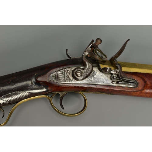 293 - A FLINTLOCK BLUNDERBUSS, fitted with a flared muzzle 16 inches brass barrel, the top of the barrel b... 