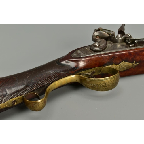 293 - A FLINTLOCK BLUNDERBUSS, fitted with a flared muzzle 16 inches brass barrel, the top of the barrel b... 