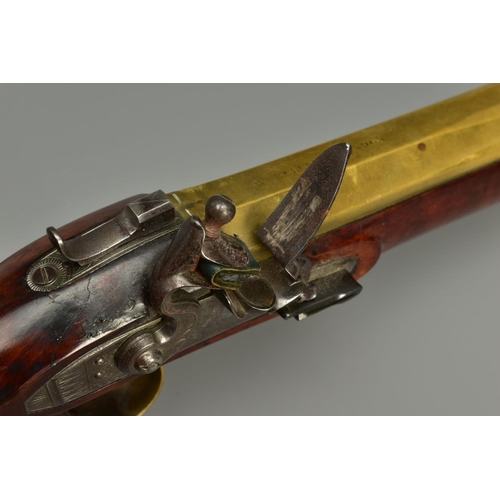 293 - A FLINTLOCK BLUNDERBUSS, fitted with a flared muzzle 16 inches brass barrel, the top of the barrel b... 