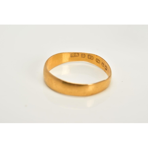 3 - A 22CT GOLD WIDE BAND, the plain polished band, hallmarked 22ct gold Birmingham 1884, ring size P, a... 