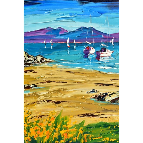 302 - LYNN RODGIE (SCOTTISH CONTEMPORARY) 'THROUGH THE GORSE II' a Scottish coastal landscape with boats o... 