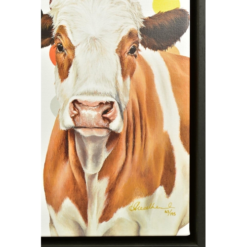 310 - HAYLEY GOODHEAD (BRITISH CONTEMPORARY) 'DAMIENS HERD' a limited edition print on canvas of cows agai... 