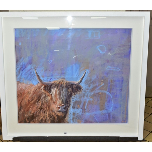 322 - JAMES BARTHOLOMEW (BRITISH CONTEMPORARY) 'HIGHLAND PURPLE', a study of a highland cow against a colo... 