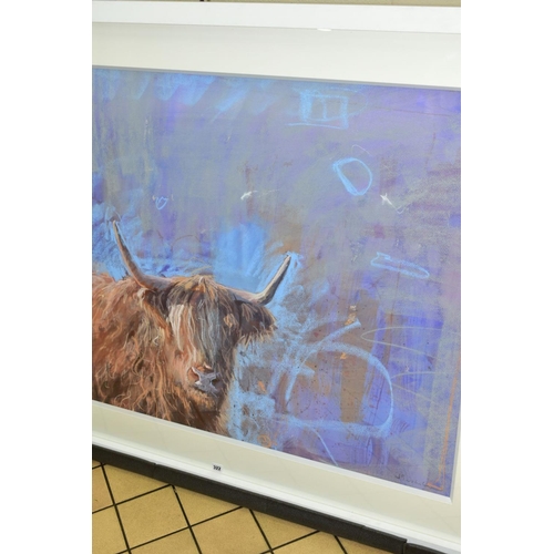 322 - JAMES BARTHOLOMEW (BRITISH CONTEMPORARY) 'HIGHLAND PURPLE', a study of a highland cow against a colo... 