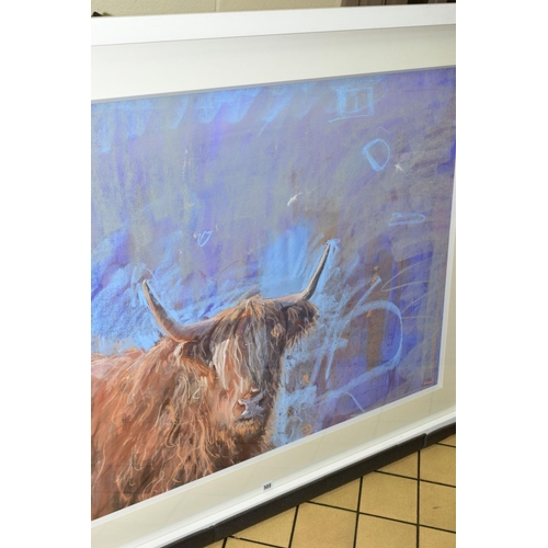 322 - JAMES BARTHOLOMEW (BRITISH CONTEMPORARY) 'HIGHLAND PURPLE', a study of a highland cow against a colo... 