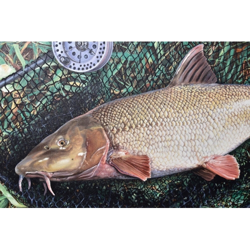 336 - GARRY CARTWRIGHT (BRITISH CONTEMPORARY), a 'Barbel Lies in the Keepnet' signed bottom right, signed ... 