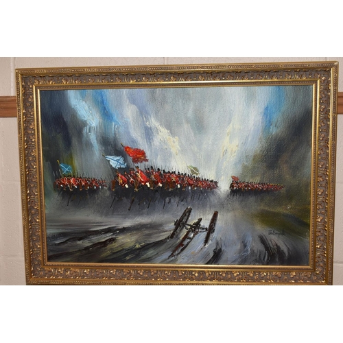 339 - JOHN BAMPFIELD (BRITISH 1947) 'CAVALRY CHARGE', redcoat troops on horseback, signed lower right , oi... 