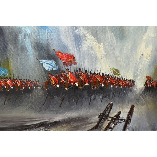 339 - JOHN BAMPFIELD (BRITISH 1947) 'CAVALRY CHARGE', redcoat troops on horseback, signed lower right , oi... 