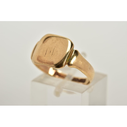 34 - A GOLD SIGNET RING, square shaped head, initials engraved (very worn), ring size R, stamped '9c', ap... 