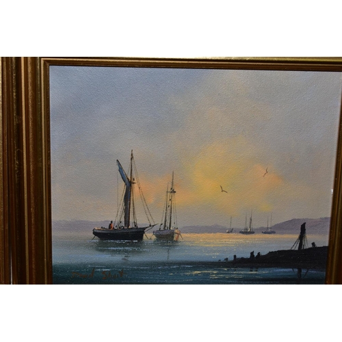 340 - DAVID SHORT (BRITISH) 1940 'Sailing boats at their moorings at Sunset', signed bottom left, oil on c... 