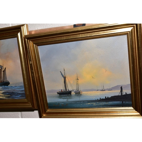 340 - DAVID SHORT (BRITISH) 1940 'Sailing boats at their moorings at Sunset', signed bottom left, oil on c... 