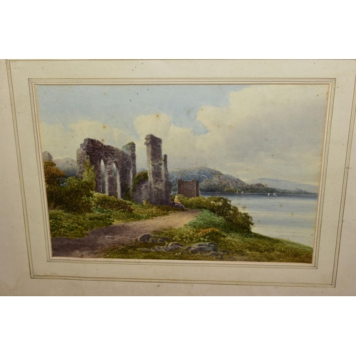 341 - A COLEMAN - A late nineteenth century scene of a ruined building beside a lake, signed bottom centre... 