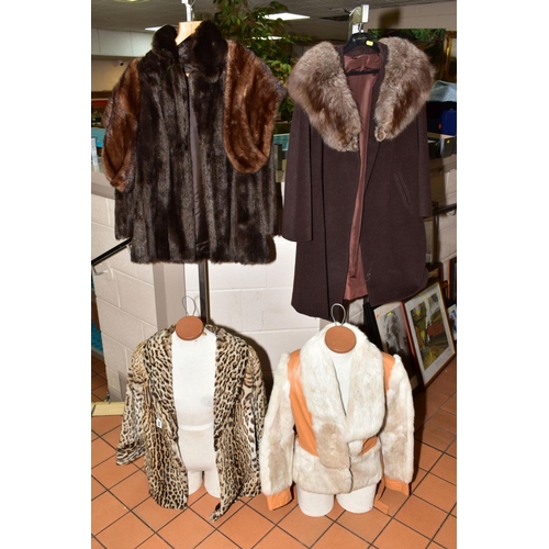 344 - A LADIES VINTAGE OCELOT FUR COAT IN GOOD CONDITION, size 10 approximately, together with a brown fur... 