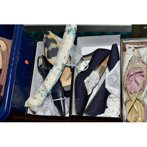 345 - THREE BOXES AND LOOSE LADIES CLOTHING, SHOES AND BAGS, clothing includes jumpers, blouses and trouse... 