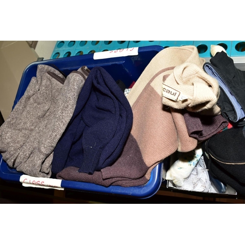 345 - THREE BOXES AND LOOSE LADIES CLOTHING, SHOES AND BAGS, clothing includes jumpers, blouses and trouse... 