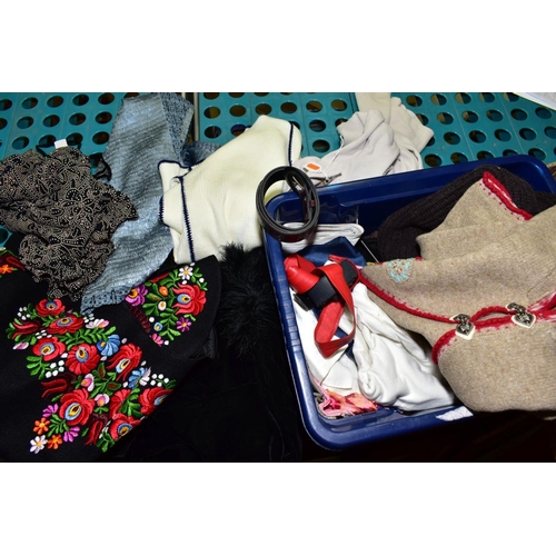 345 - THREE BOXES AND LOOSE LADIES CLOTHING, SHOES AND BAGS, clothing includes jumpers, blouses and trouse... 