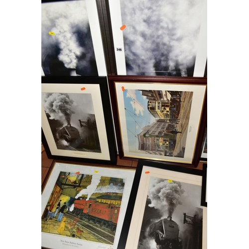 346 - TWENTY FOUR FRAMED PRINTS OF TRAIN AND TRAM INTEREST, all framed and glazed, includes sets and sever... 