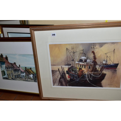 348 - PAINTINGS AND PRINTS ETC, to include Graham Blaine watercolour of fishing trawlers, size approximate... 