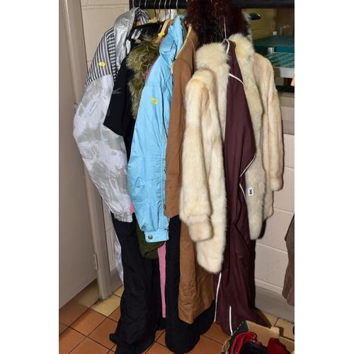 349 - LADIES CLOTHES, to include a white mink fur coat, measurers 53cm arm pit to arm pit length 73cm, Aqu... 