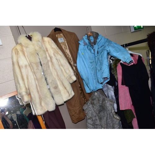 349 - LADIES CLOTHES, to include a white mink fur coat, measurers 53cm arm pit to arm pit length 73cm, Aqu... 