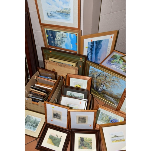 355 - PAINTINGS AND PRINTS ETC, to include an Alan Preece oil on canvas landscape scene, watercolour of a ... 