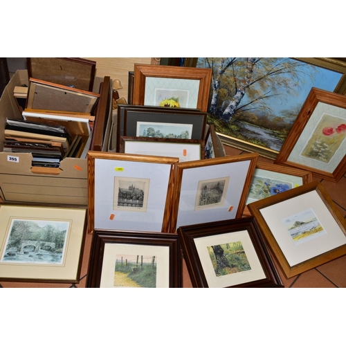 355 - PAINTINGS AND PRINTS ETC, to include an Alan Preece oil on canvas landscape scene, watercolour of a ... 