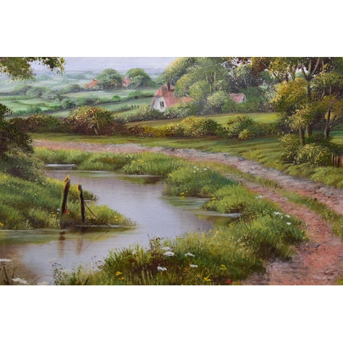 359 - LESLEY HAMMETT (BRITISH 1955), a river with farm track beside winding through an English country lan... 